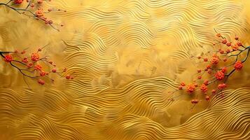 A stunning golden textured background with wave-like patterns and bright orange flower branches. photo