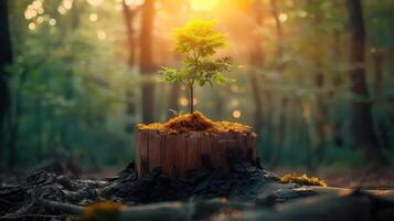 A vibrant young tree flourishing from a mossy stump, bathed in warm sunlight within the forest. photo