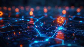 A vibrant digital map displaying a network of routes and glowing location markers. photo