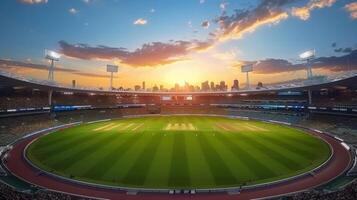 A vibrant cricket stadium, illuminated by the evening sun, set for a thrilling sports match. photo