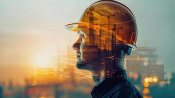 A construction worker in a hard hat sees the future of construction reflected in his profile. photo
