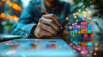 Creative person working on a tablet analyzing digital data with graphs and charts. photo