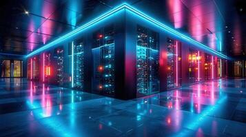 Vibrant neon lights illuminate a modern data center, showcasing advanced technology and data processing. photo