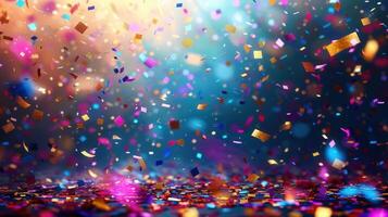 Colorful confetti rains down in a festive and exciting scene, perfect for celebration and joy. photo