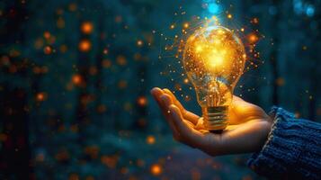 A hand holds a glowing lightbulb, illustrating a creative idea and technological connection. photo