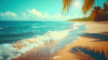 Beautiful tropical beach scene with clear blue waters, soft sand, and swaying palm trees. photo