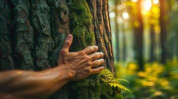 A hand gently touching a textured tree trunk with moss growing in a sunlit forest. photo