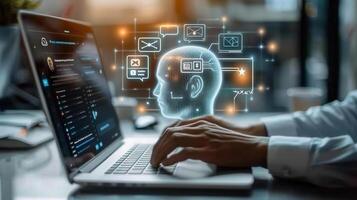 An illuminated AI head hovers above a laptop, symbolizing digital innovation and smart technology. photo