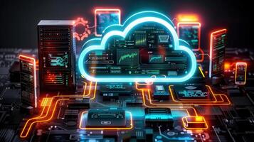 Modern depiction of cloud computing and data transfer with servers, and a digital network. photo