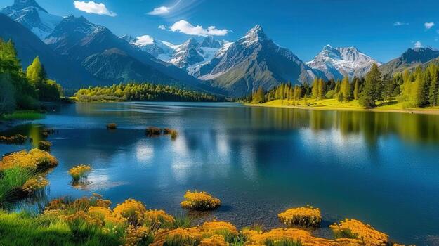 A breathtaking view of a lake with mountains in the background on a bright, sunny day. photo