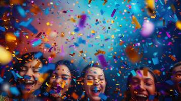 Enthusiastic friends cheer and smile while confetti rains down in a vibrant celebration. photo