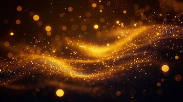 A mesmerizing display of golden bokeh lights creating an abstract, flowing wave on a dark background. photo