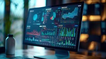 A computer screen shows complex data charts, illustrating business and financial statistics. photo