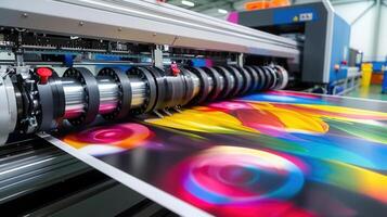 A close-up view of a large format digital printer producing colorful artwork with great precision. photo