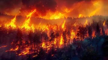 A forest is ablaze in a fiery scene of destruction, with flames reaching toward the sky. photo