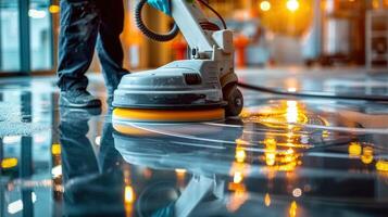 An industrial floor cleaning machine is at work, polishing a wet, reflective floor surface. photo