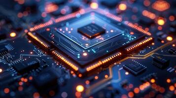 Close-up shot of a computer processor, highlighting its detailed circuitry and integrated design. photo
