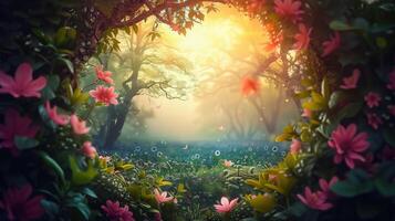 A magical forest scene, filled with blooming flowers, sunlight, trees and a touch of mist. photo