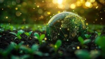 The illuminated Earth globe surrounded by green plants signifies global sustainability and growth. photo
