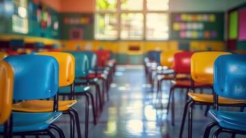 Colorful rows of chairs in a classroom setting ready for the day to begin with classes. photo