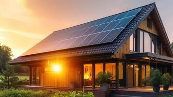 The sun sets over a modern house, showcasing solar panels as a symbol of green energy. photo