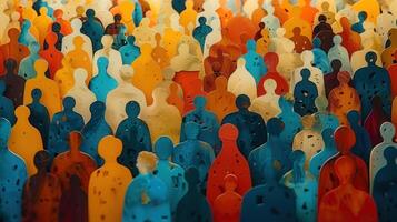 A vibrant and diverse representation of a crowd of people, depicted in colorful silhouettes. photo