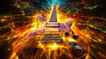 A captivating depiction of an electric guitar engulfed in flames, full of vivid light. photo