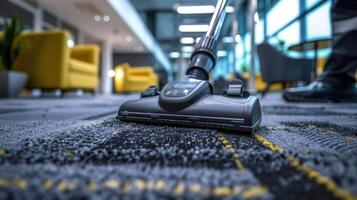 A close-up shot of a vacuum cleaner cleaning a patterned office carpet with precision. photo