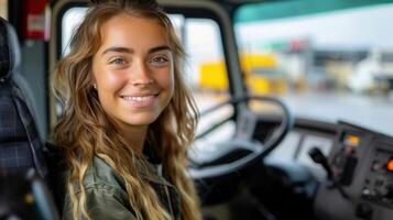 Attractive female truck driver looks at the camera and smiles inside a truck's cabin setting. photo