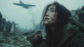 A girl stares upward, clutching a teddy bear as a plane flies above a devastated city. photo