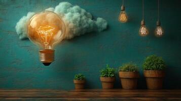 A lightbulb idea bursts forth near a cloud, with plants, adding a creative, conceptual scene. photo
