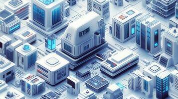Isometric view of a futuristic digital city with high-tech buildings and data servers, a modern design. photo