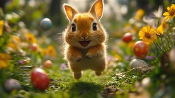 A delightful cartoon bunny, leaping with joy among colorful eggs in a spring garden scene. photo