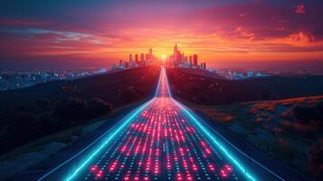 A digital road illuminated with neon lights leads towards a vibrant city skyline during sunset. photo