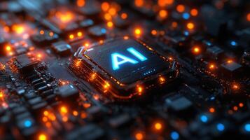Intricate computer circuit board with an illuminated AI symbol showcasing modern technological advancements. photo