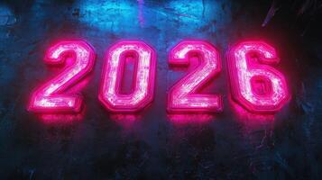 Neon pink digits 2026 glow brightly against a dark, textured surface with a futuristic style. photo