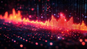 A stunning visual representation of a digital audio waveform lit with red and orange color tones. photo