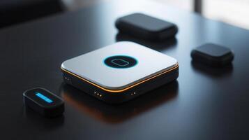 A futuristic design concept featuring a wireless charging station and tech accessories. photo