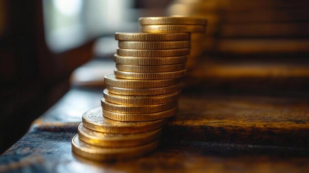 A close-up view shows a stack of golden coins arranged on a rustic wooden surface. photo