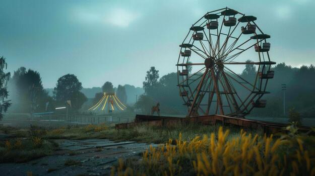 A haunting scene of an abandoned amusement park under a moody, overcast sky at dusk. photo