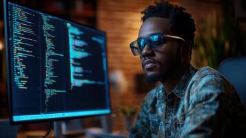 A professional black man with glasses looking at a computer screen filled with lines of code. photo