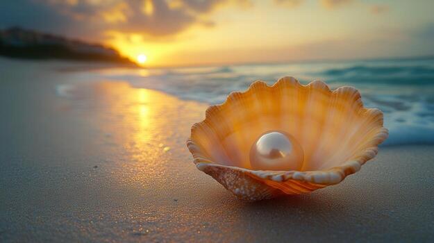 A beautiful pearl rests in a seashell on the beach at sunset, creating a serene and stunning scene. photo