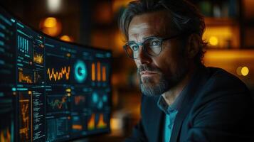 A man in glasses looks at data displayed on a curved computer screen in the office. photo