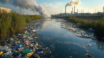 Polluted river with trash and industrial smoke, symbolizing environmental damage and hazards. photo