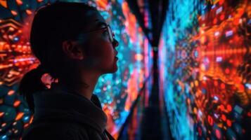 A woman contemplates an artistic, colorful digital display in a futuristic environment full of patterns. photo