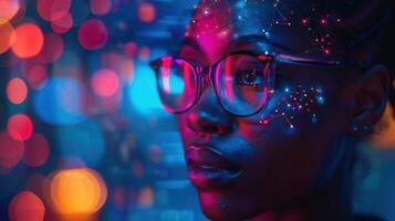 A woman wearing glasses, connected by a digital network and illuminated by neon lights. photo