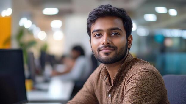 Close-up shot of a smiling young man with a beard looking at the camera in an office environment. photo
