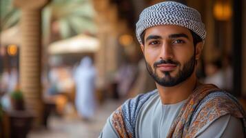 A charming arab man with a warm smile, wearing traditional attire, gazes directly at the camera. photo