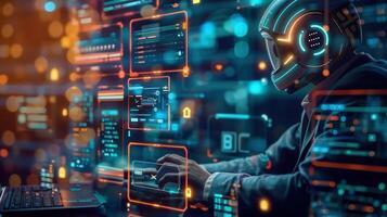 An individual wearing a high-tech helmet is working on a futuristic computer system. photo