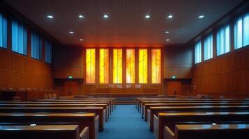 Inside a modern, empty courtroom, featuring rows of seats, ready for an important legal proceeding. photo